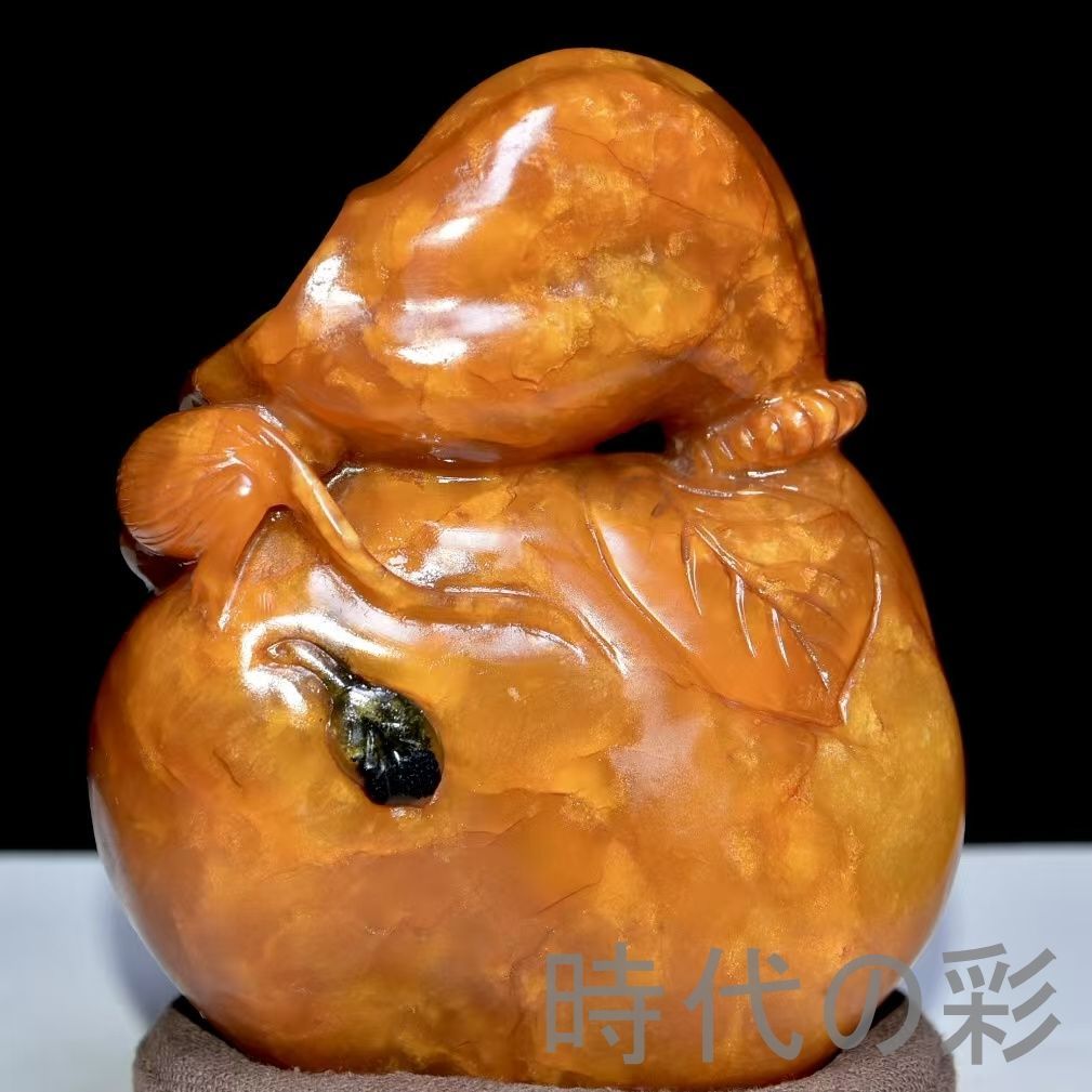 旧蔵 田黄石 灯光凍置物】寿山石 昌石道人作 旧蔵品 中国古美術 文房具 