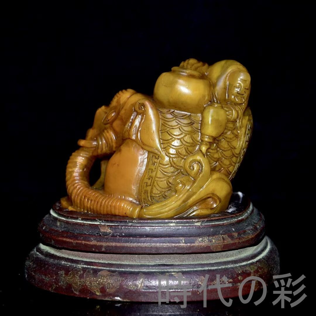 旧蔵 田黄石 古獣置物】老木箱付 寿山石 林皋作 丁卯年 中国古美術