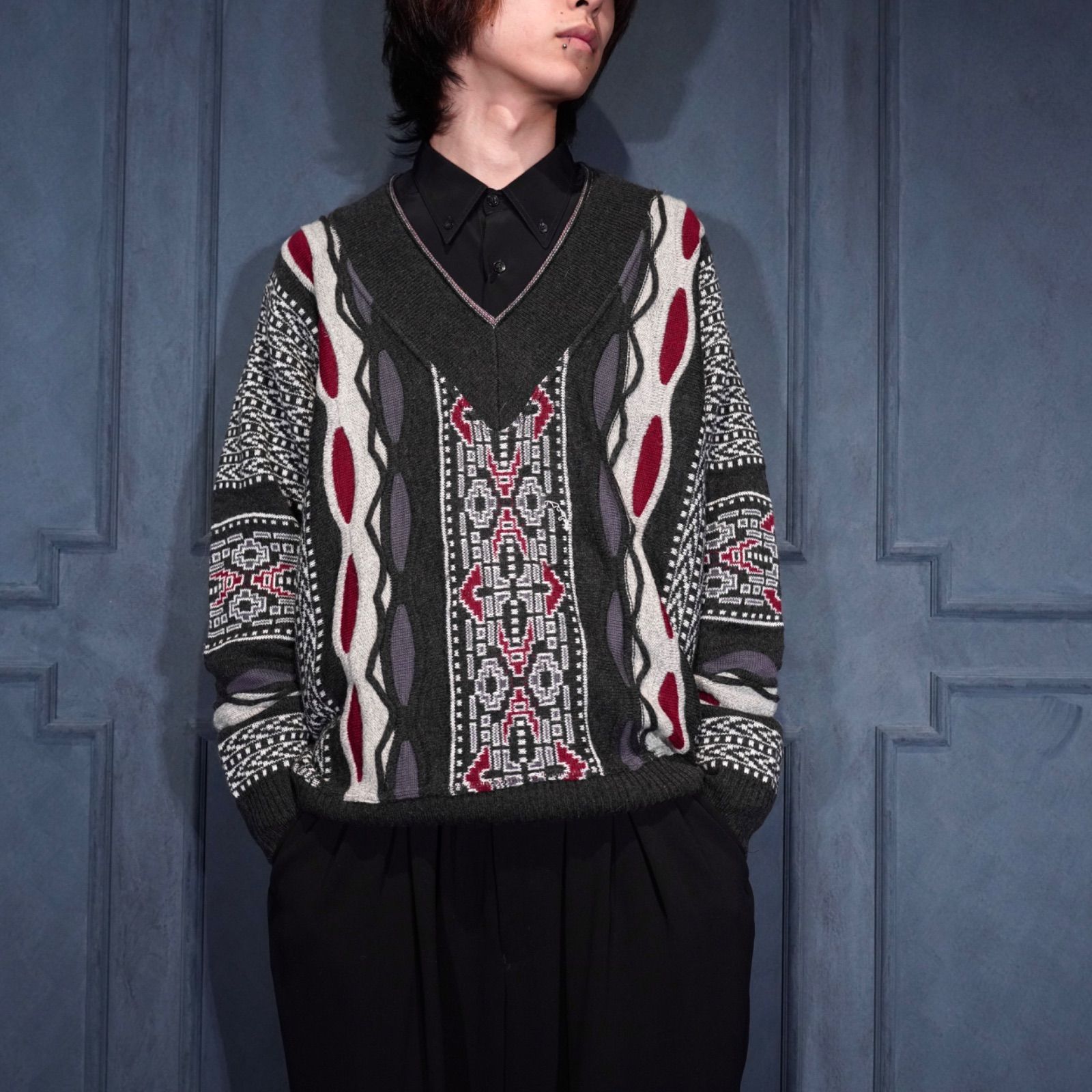 EU VINTAGE DI CANDIA 3D DESIGN ALPACA BREND WOOL V NECK KNIT MADE 
