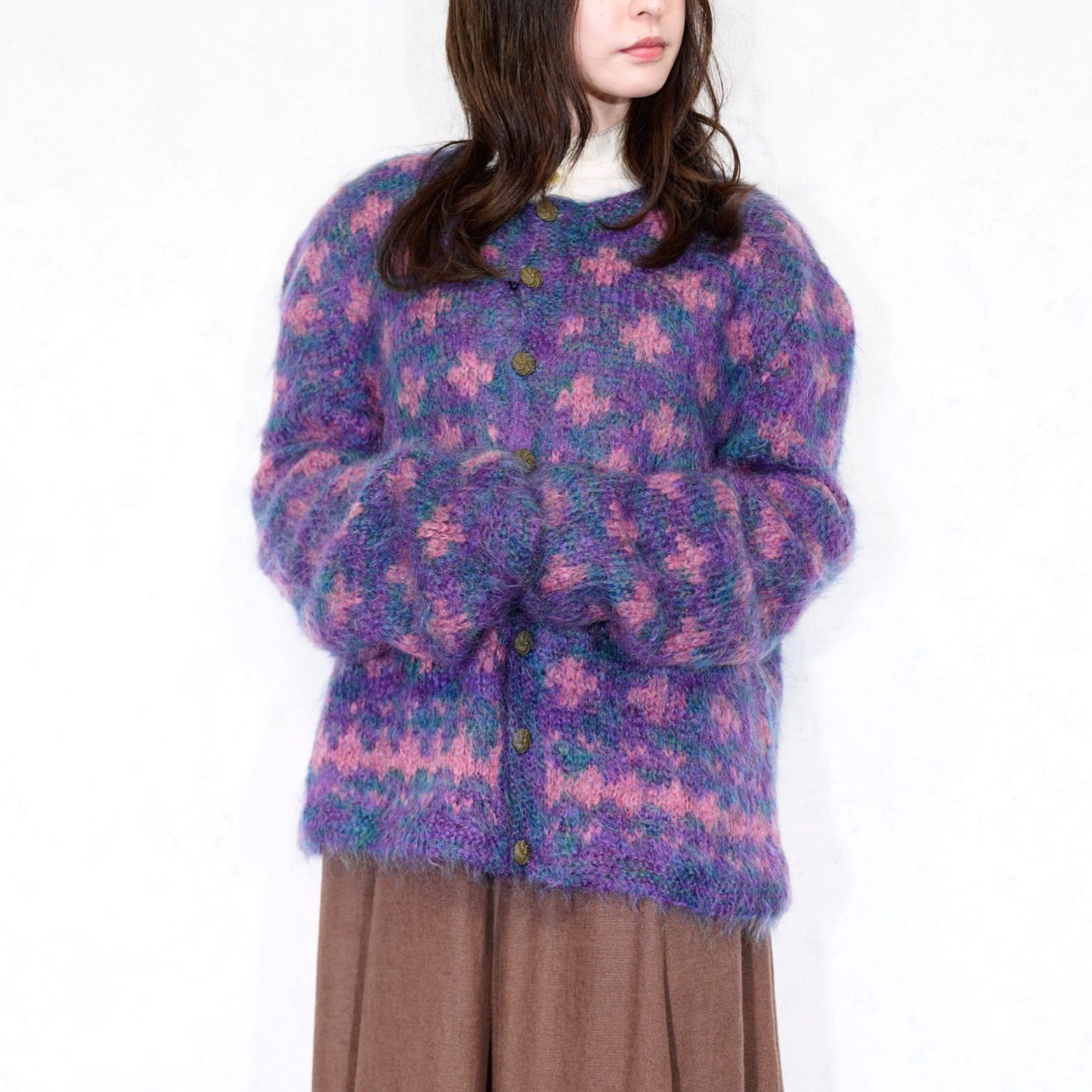USA VINTAGE PATTERNED DESIGN MOHAIR KNIT CARDIGAN/アメリカ古着柄 