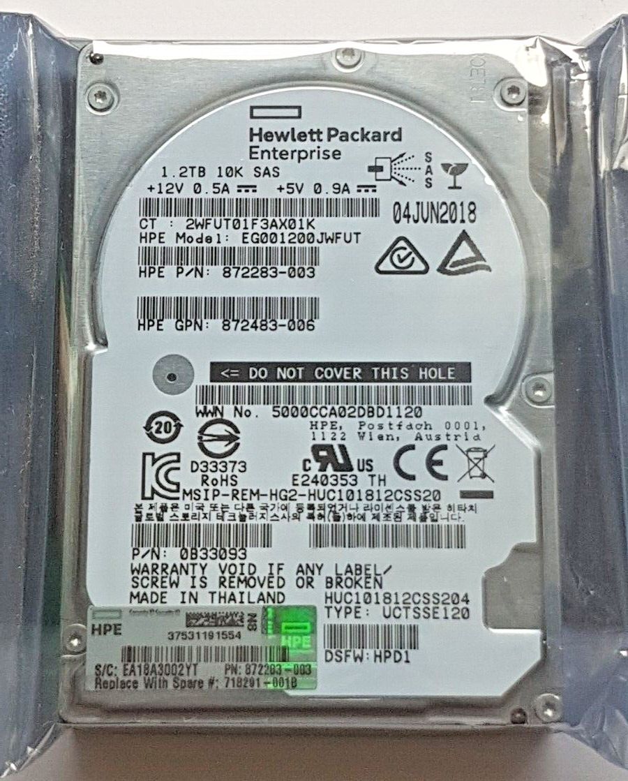 1.2 TB SAS HP Enterprise EG001200JWFUT 10K RPM SFF SC ホットスワップ HDD 2.5