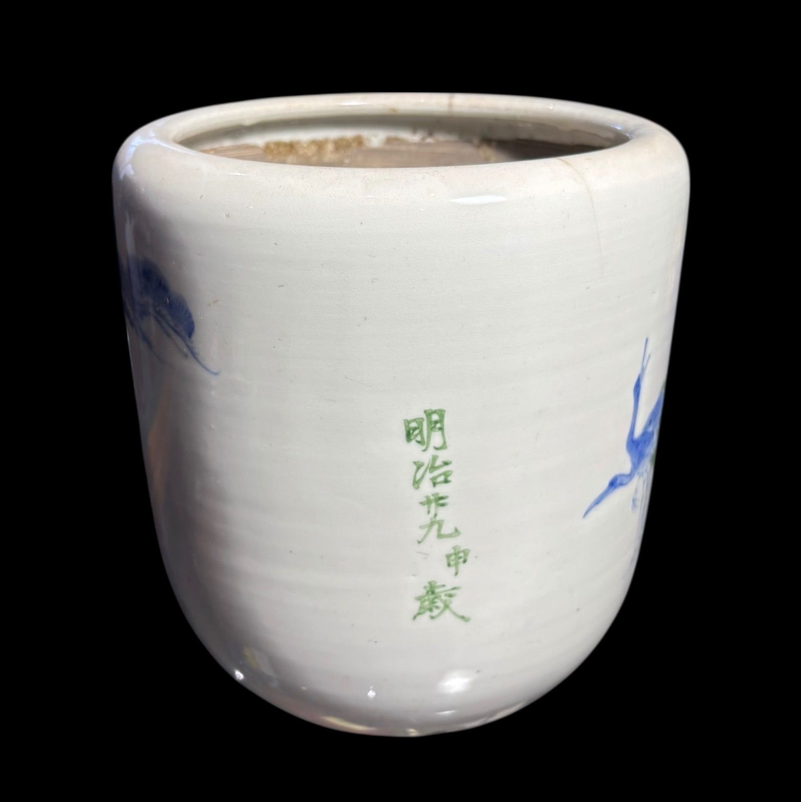 明治期 染付 火鉢 鶴松竹梅人物図 火鉢 陶器 時代物 古道具 骨董品