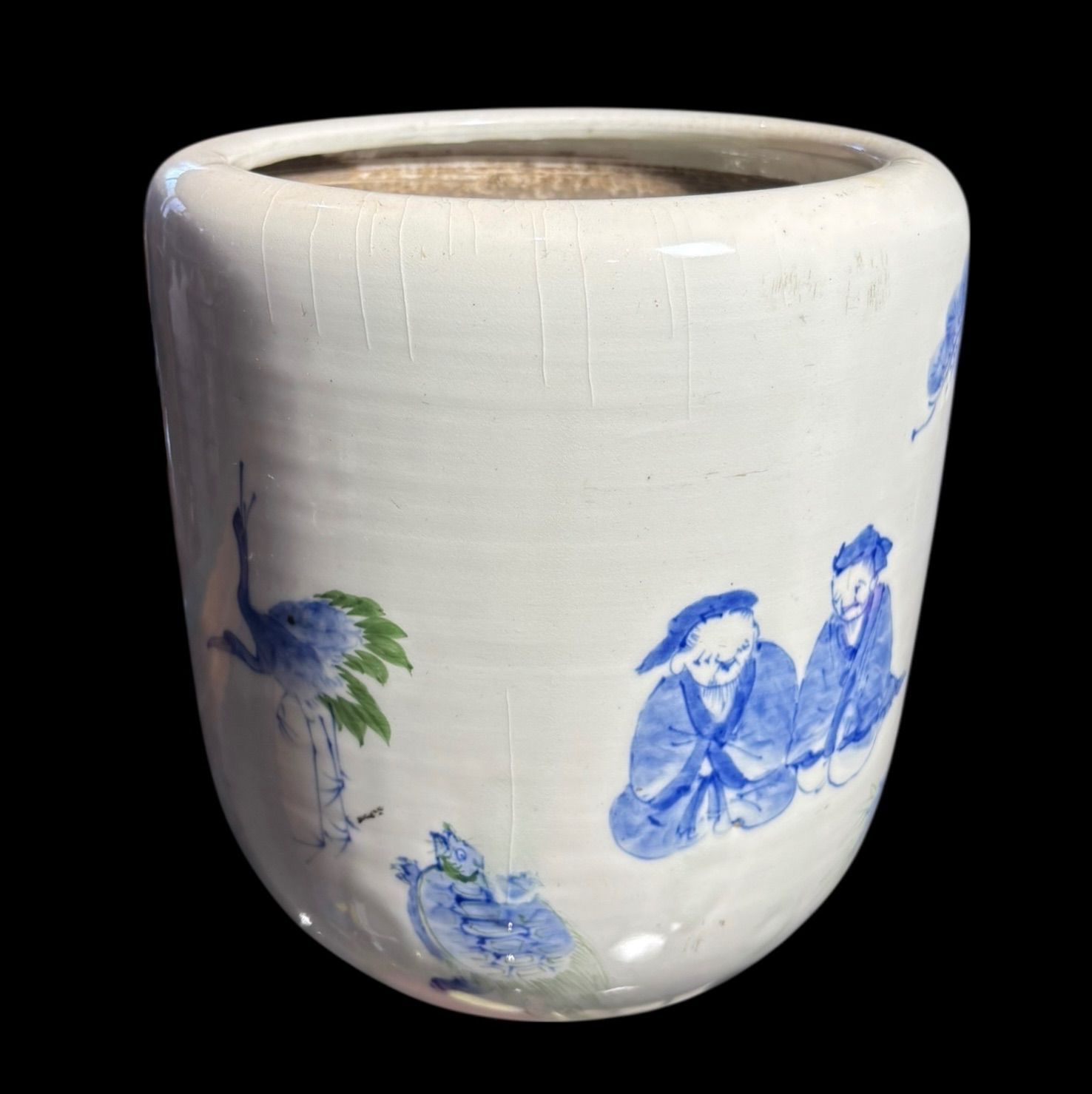 明治期 染付 火鉢 鶴松竹梅人物図 火鉢 陶器 時代物 古道具 骨董品