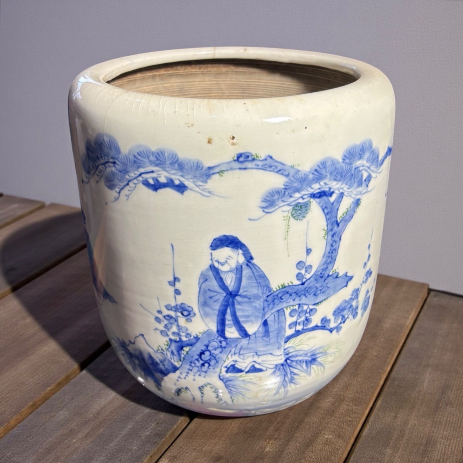 明治期 染付 火鉢 鶴松竹梅人物図 火鉢 陶器 時代物 古道具 骨董品