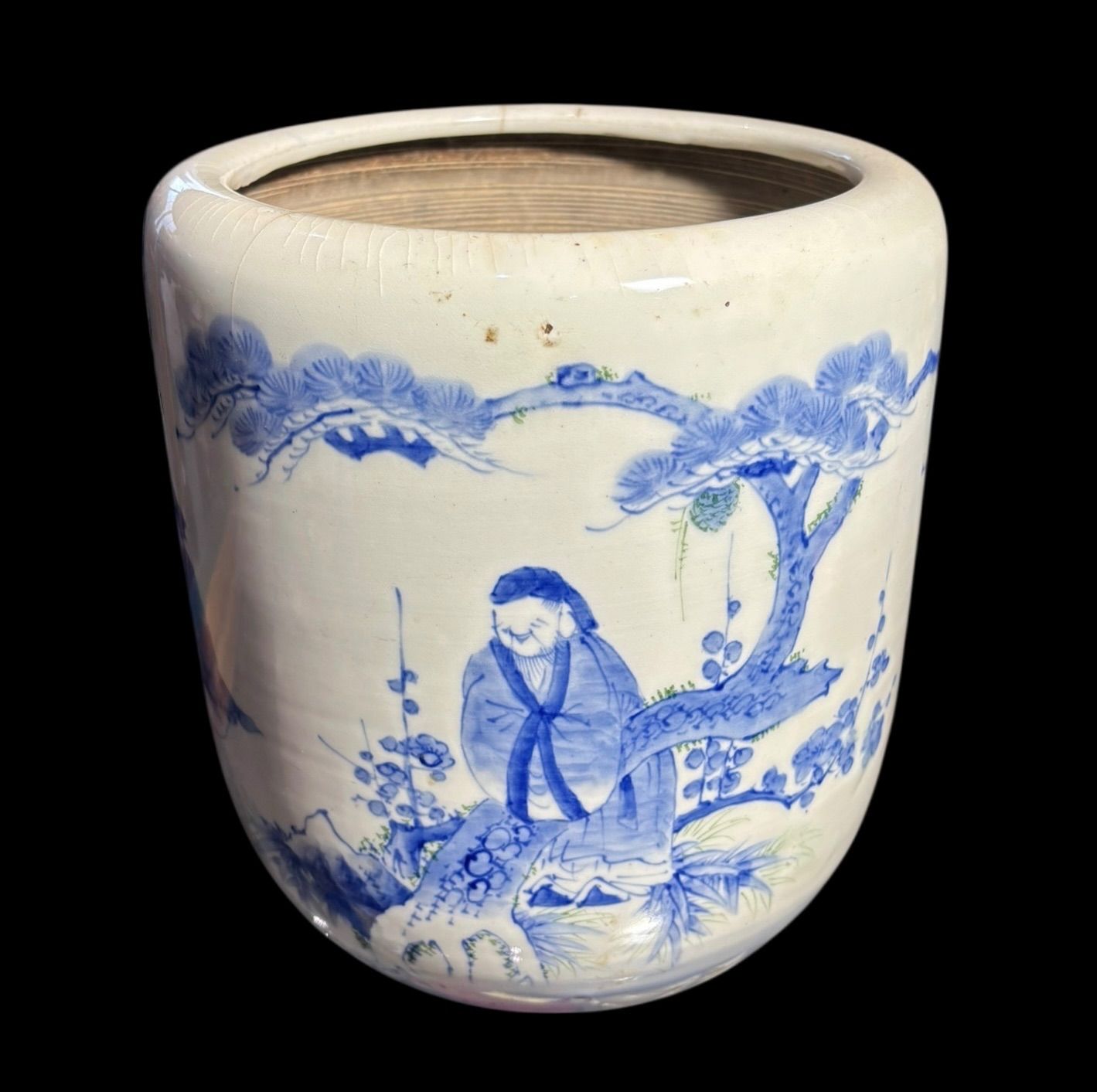 明治期 染付 火鉢 鶴松竹梅人物図 火鉢 陶器 時代物 古道具 骨董品