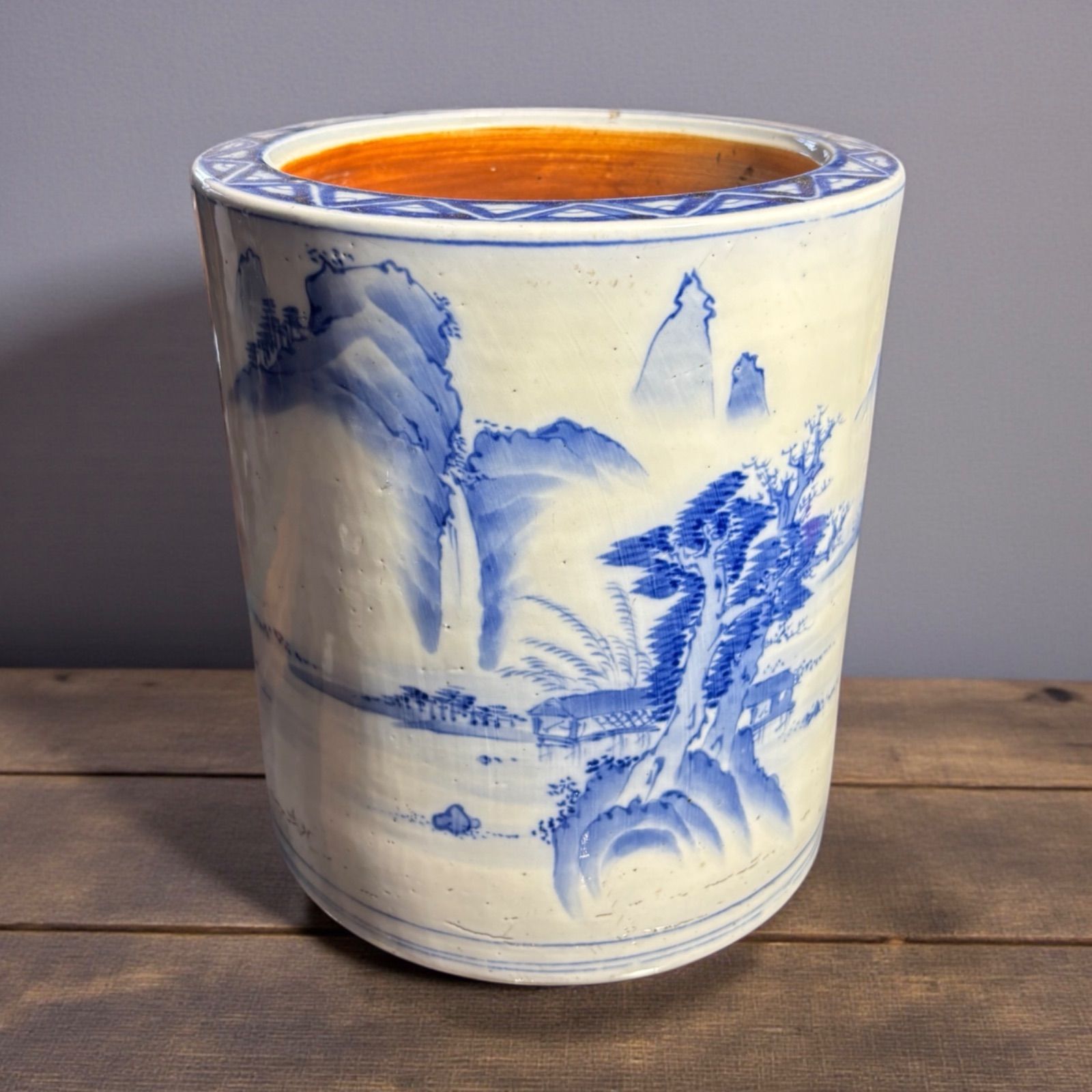 明治期 染付 火鉢 山水風景図 火鉢 陶器 時代物 古道具 骨董品