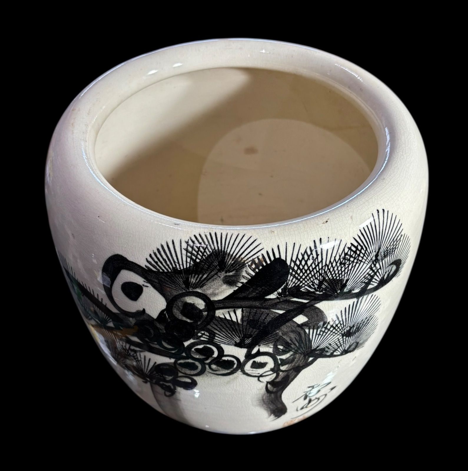 昭和 レトロ 手あぶり 火鉢 水墨画 松 火鉢 在銘 陶器 時代物 古道具