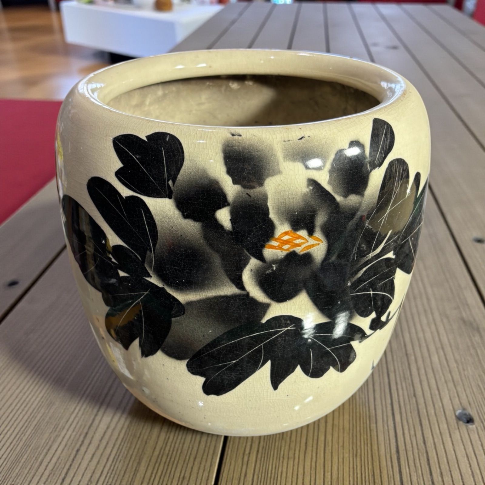 昭和 レトロ 手あぶり 火鉢 水墨画 牡丹 火鉢 在銘 陶器 時代物 古道具