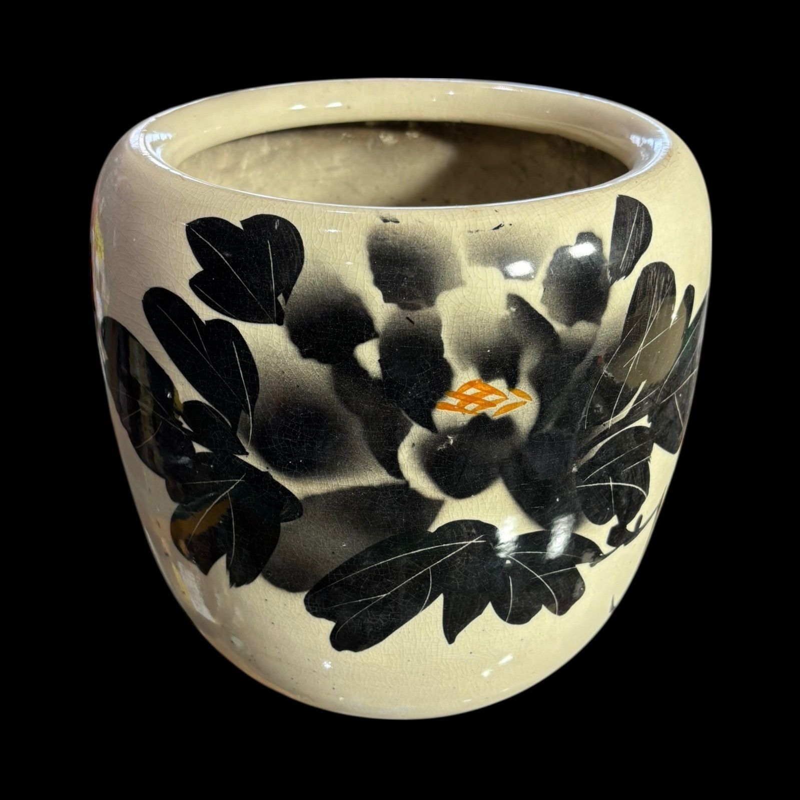 昭和 レトロ 手あぶり 火鉢 水墨画 牡丹 火鉢 在銘 陶器 時代物 古道具