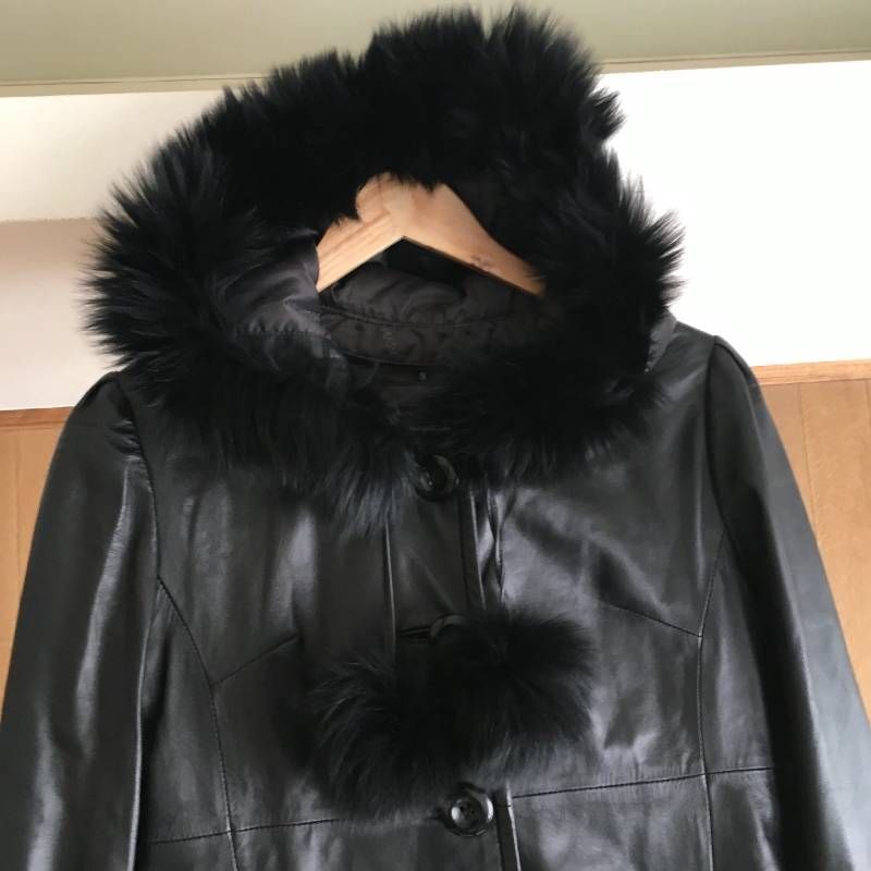 美品 BALMAIN バルマン フォックスファー付き 羊革 レザー ロング