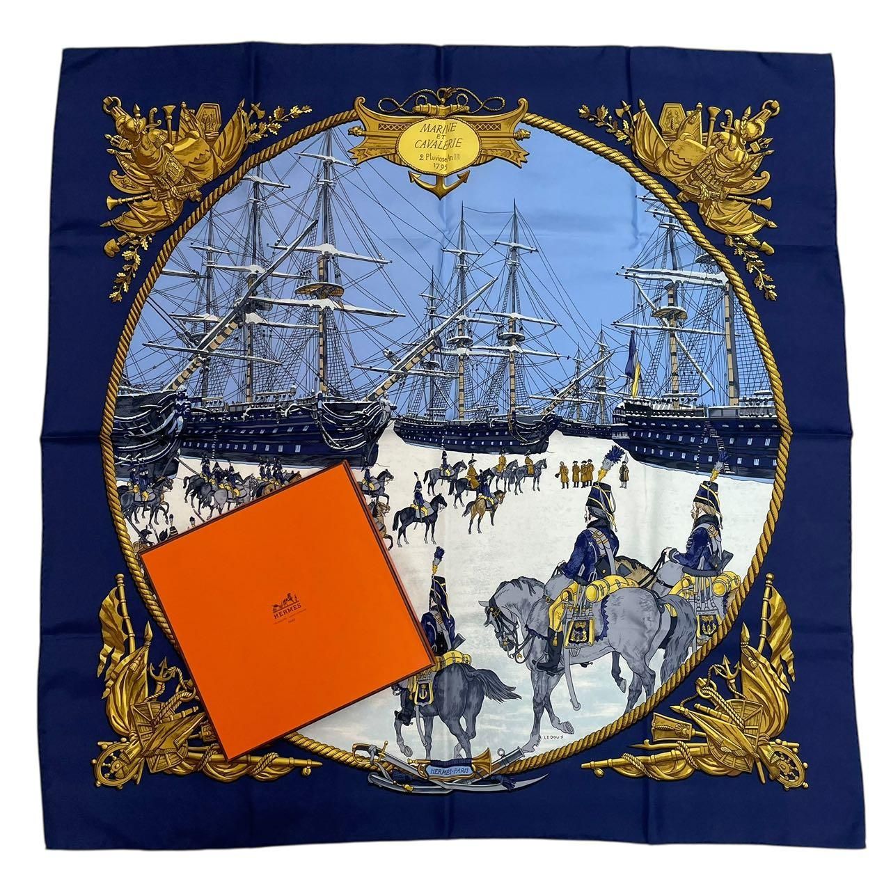 新品同様 HERMES エルメス スカーフ シルク カレ90 MARINE ET