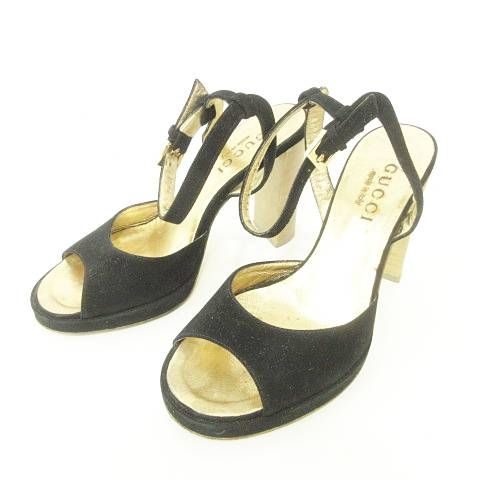 グッチ GUCCI ストラップ サンダル ハイヒール スエード EU34 黒