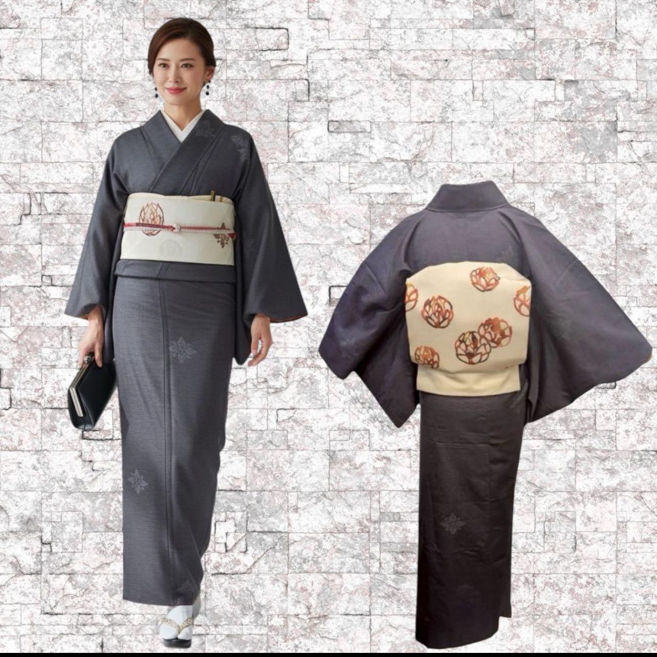 正絹 結城紬風 袷 フルセット コーディネート済 身丈157 裄64 コ8