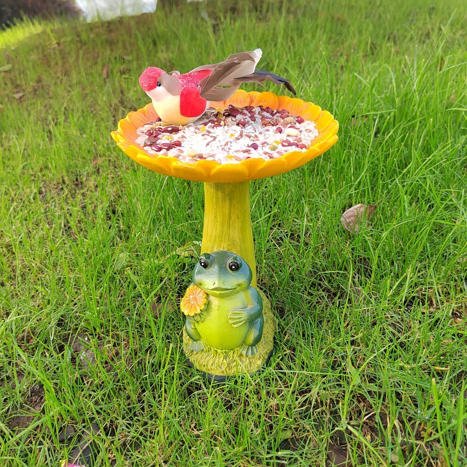 バードフィーダー 小鳥 野鳥 用 給餌器 餌箱 餌台えさ置き ヒマワリとカエル 小鳥 可愛い 餌入れ 鳥 ガーデンオブジェ インテリア ガーデニ
