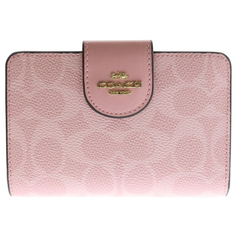 美品 COACH シグネチャー 三つ折り財布 レザー　ピンク COACH (コーチ) シグネチャーロゴ コンパクトウォレット 三つ折り財布