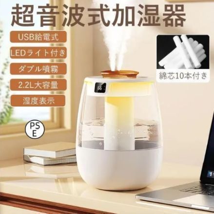 新品未使用 加湿器 超音波式 ダブルノズル USB給電式 2L大容量 湿度 