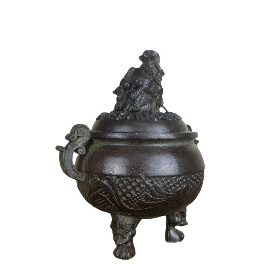 中国　古銅　双耳三つ足鼎　香炉　唐木蓋付　M　R7404 新品未使用 古銅 香炉 三足 鼎 香炉 古式 家庭 置物 茶道 家庭用 三足