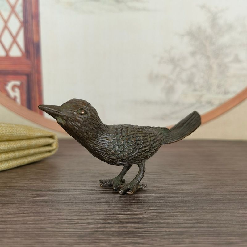 新品未使用 古銅 小 雀 喜 置物 茶道 茶卓 装飾 置物 骨董品 合金 小