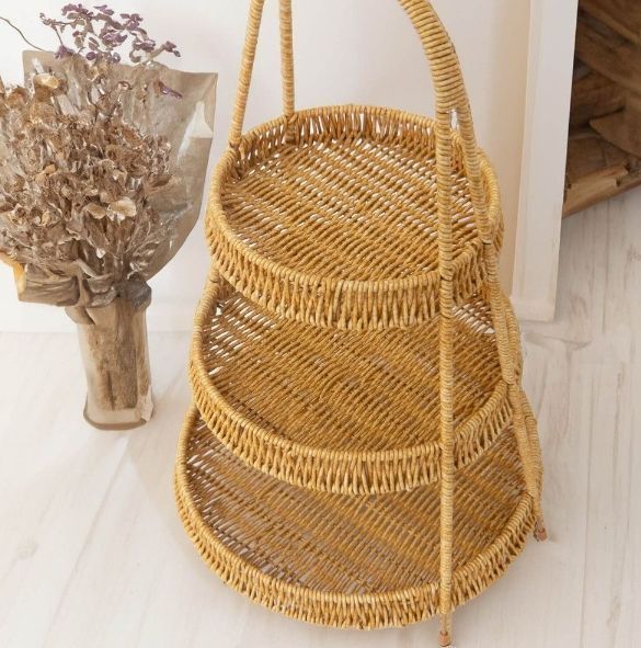 ラタン 調 3段 卓上 ラック トレイ バスケット アフタヌーンティー