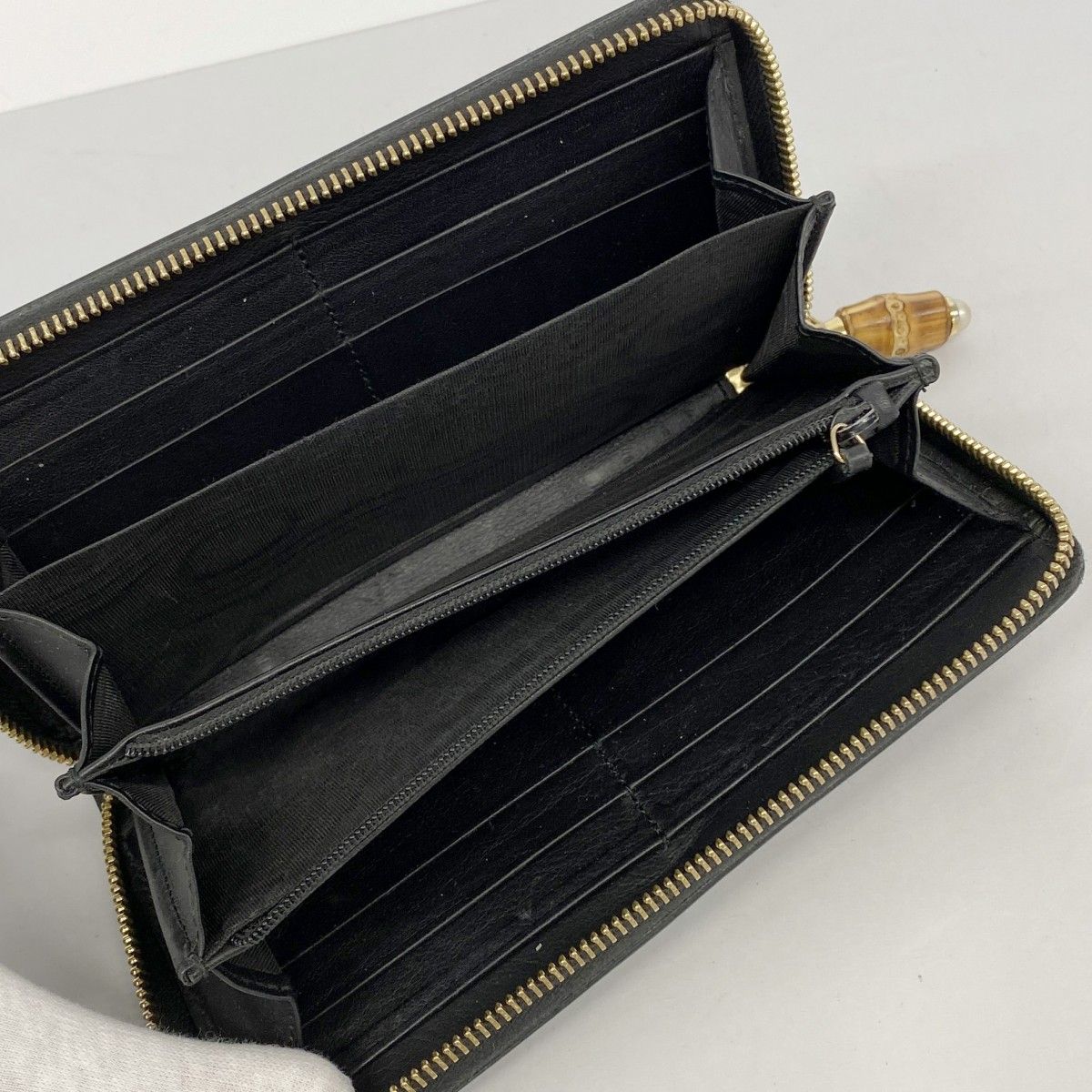 6ae5744-k】グッチ 長財布 バンブー 453158 レザー ブラック ゴールド
