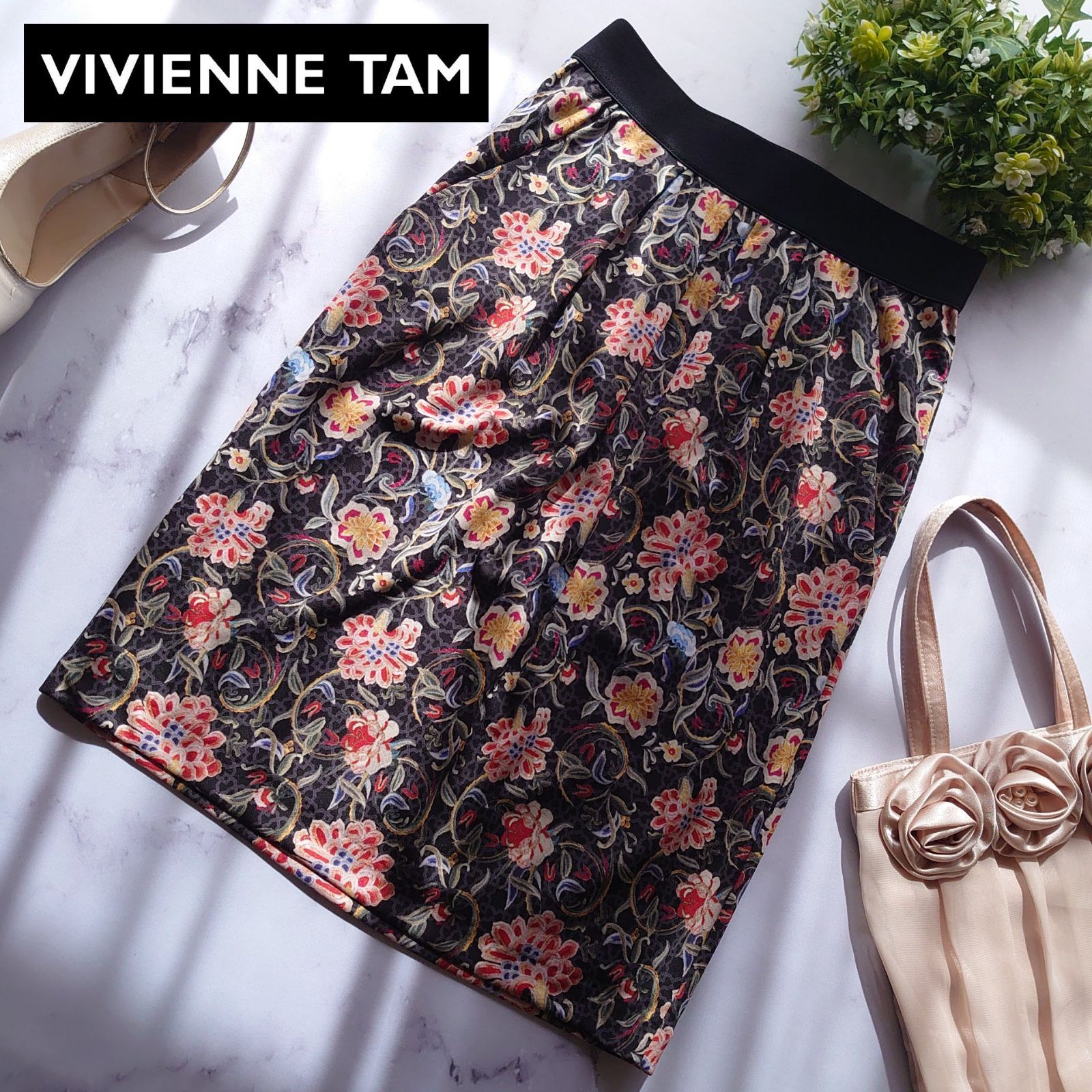 ヴィヴィアンタム 花柄スカート ひざ丈 ウエストゴム パワーネット 0 S