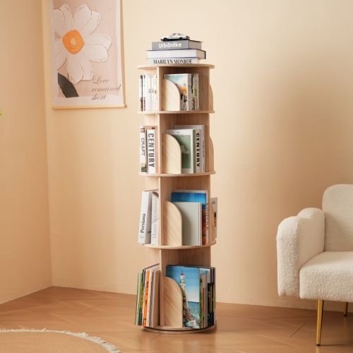 4段-回転盤-マルチ高さ】無垢材 回転式本棚 飾り棚 絵本棚 360°回転