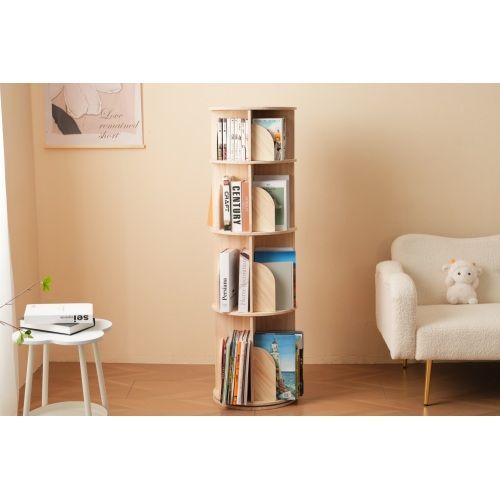 4段-回転盤-マルチ高さ】無垢材 回転式本棚 飾り棚 絵本棚 360°回転