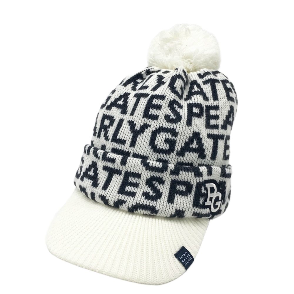 PEARLY GATES パーリーゲイツ ニットキャップ ウール混 ボンボン付 ロゴ柄 ホワイト系 FR [240101621580] ゴルフウェア ストスト