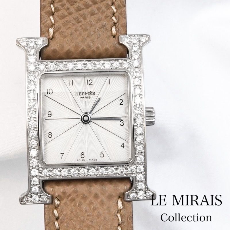 仕上済】エルメス Hウォッチ 白文字盤 シルバー ダイヤ SS SS