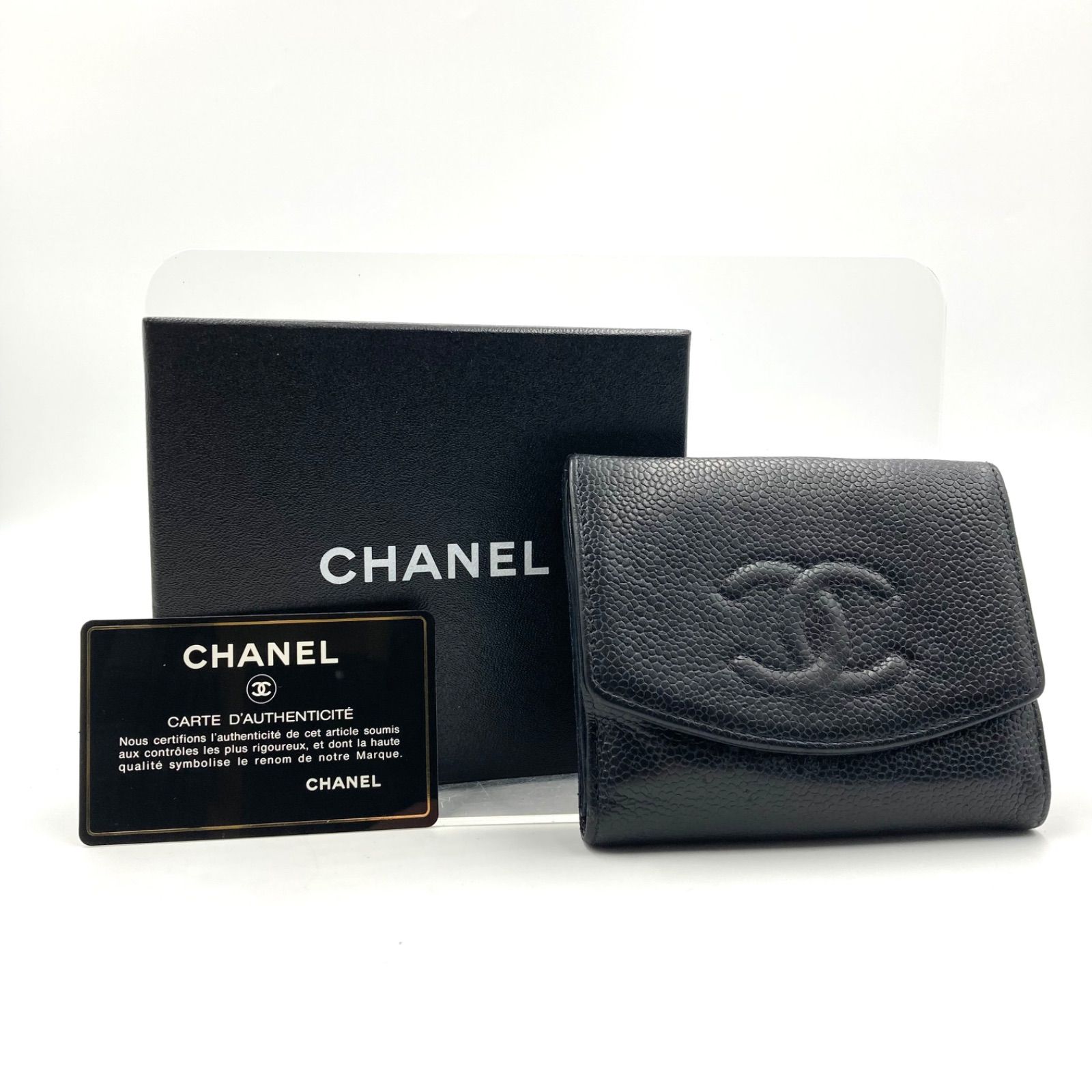 CHANEL シャネル キャビアスキン 三つ折り財布 ココマーク レザー 本革
