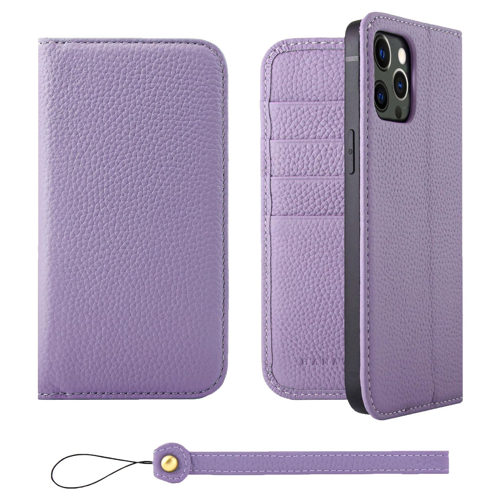 新品 HANATORA iPhone12ProMax ケース 手帳型 本革 スマホケース スマホ スタンド ストラップ 付き シュリンクカーフレザー ギフト ベルトなし マグネットなし パープル H0XA-12ProMax-Purple ギフト 誕生日ギフト 