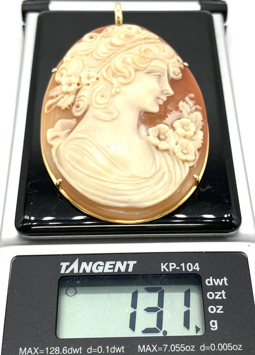 K18 総重量13.1g天然シェル カメオブローチ ペンダントトップ 枠K18