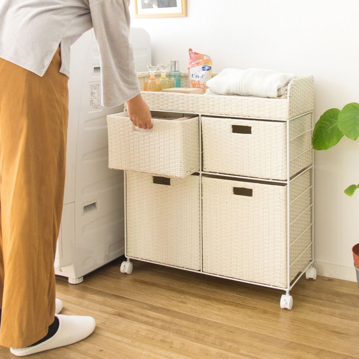 ♪大容量 2列2段 ラタン ランドリーチェスト ［幅69cm］ 洗濯ボックス