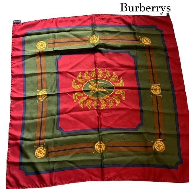 美品⭐︎Burberry's バーバリー⭐︎大判シルクスカーフ ホースマーク 赤 緑 バーバリー Burberrys マルチカラー ホースナイトロゴエンブレム 大判