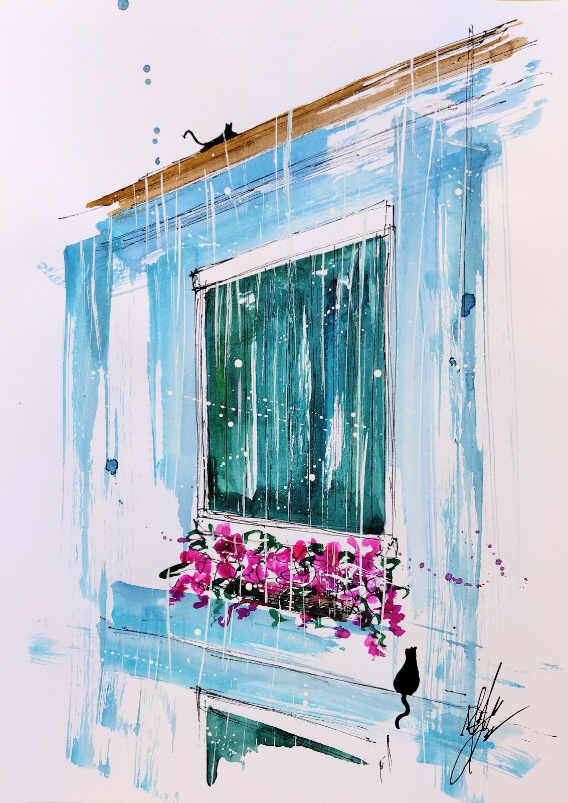 原画#302 黒猫 雨 ベネチア 窓 花 ドローイング 水彩画 インテリア