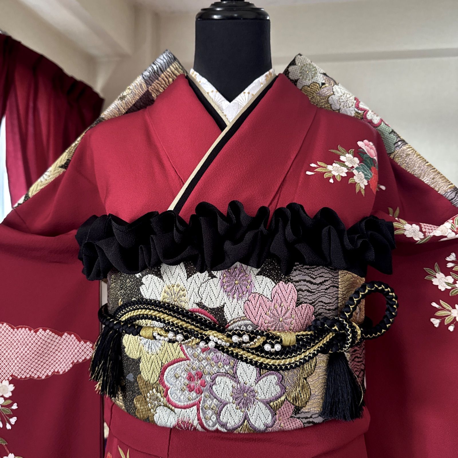 豪華振袖セット(4点)・袋帯・半衿・重ね衿・古典柄・花車・水仙・百合