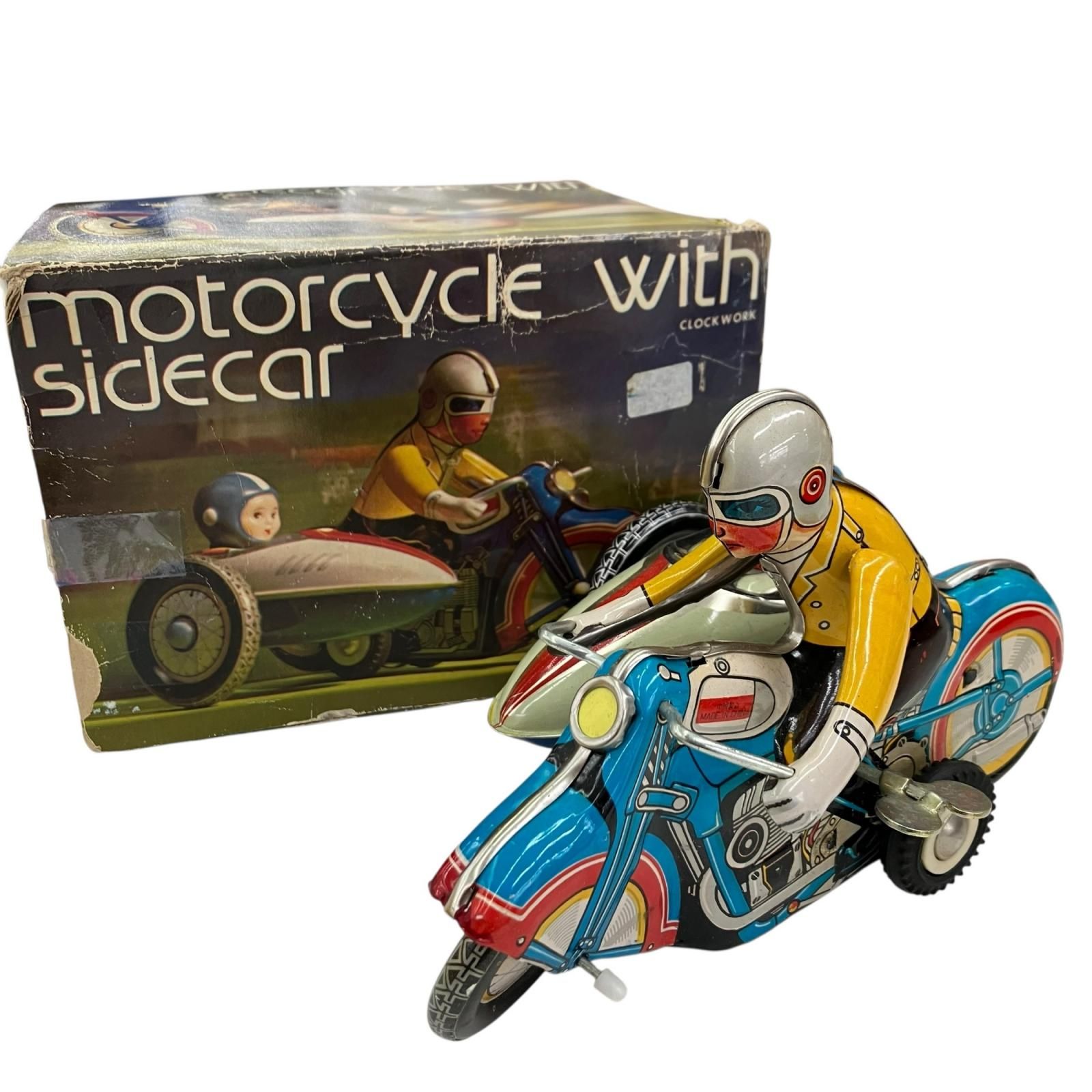 186000☆動作品☆ 昭和レトロ ブリキ サイドカー ゼンマイおもちゃ