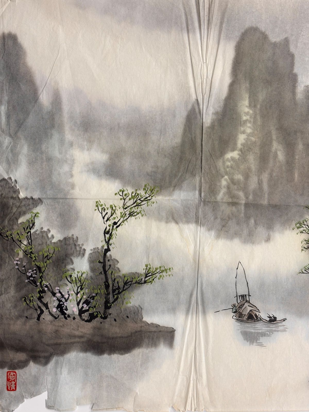 水墨画 M.83 梁日章 山水の図 落款印あり ＃茶掛＃古美術 #骨董品