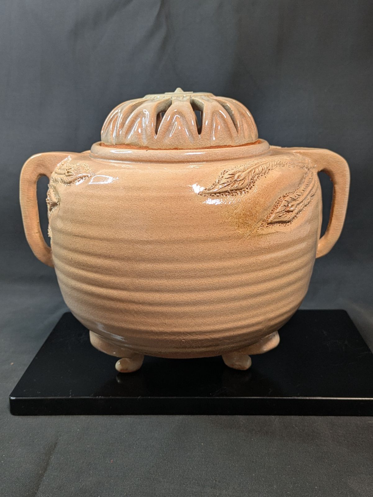 萩焼 青龍山窯 古谷開真 鳳凰高浮彫 香炉 共箱 彫萩 希少作 伝統工芸