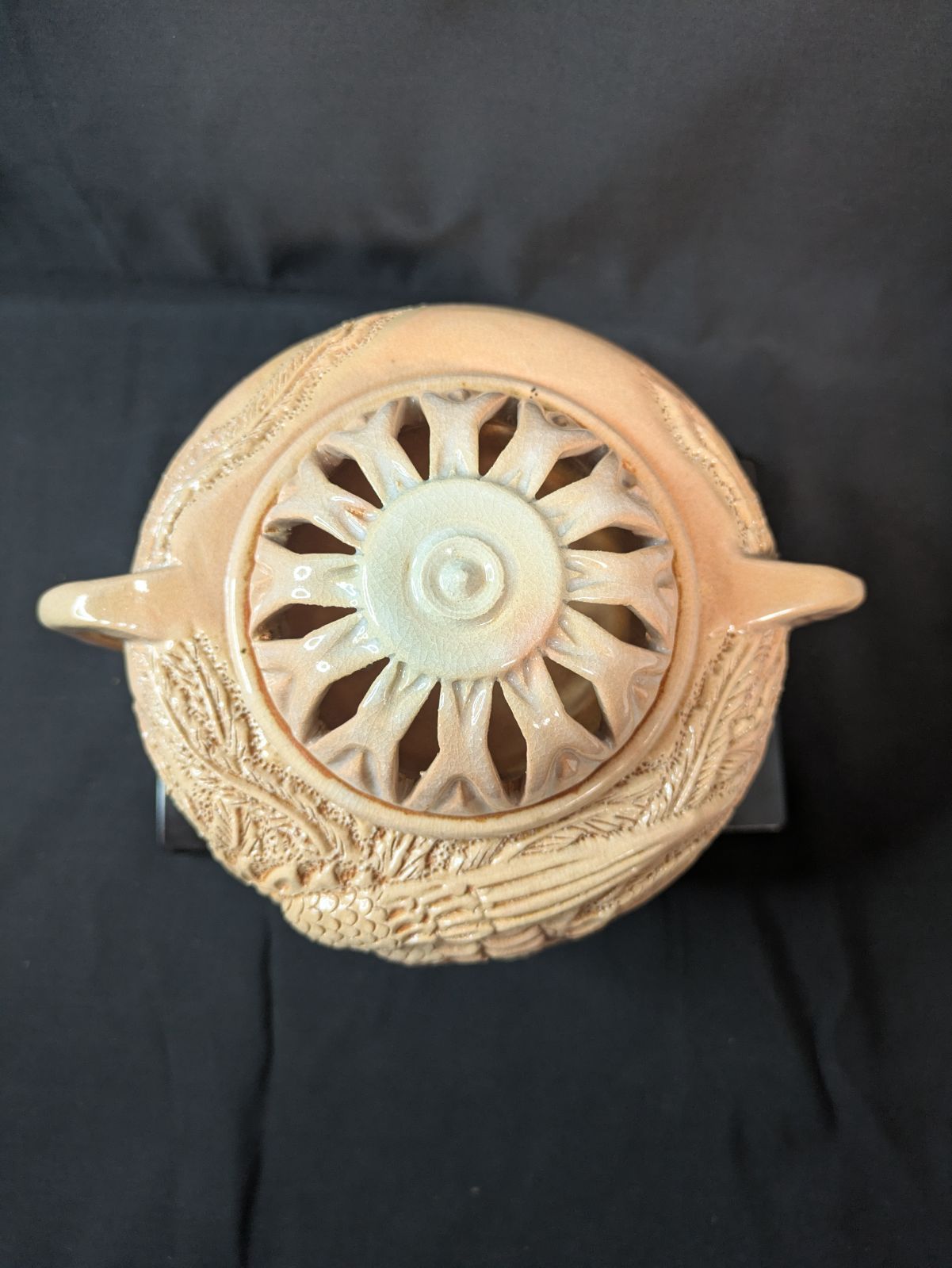 萩焼 青龍山窯 古谷開真 鳳凰高浮彫 香炉 共箱 彫萩 希少作 伝統工芸