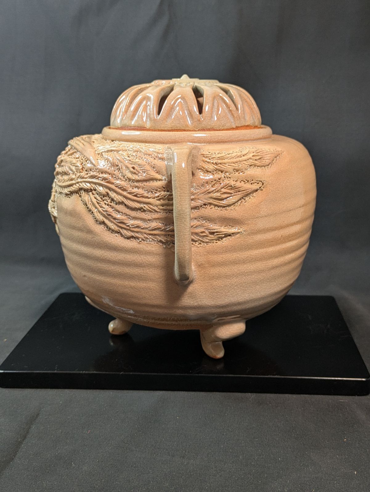 萩焼 青龍山窯 古谷開真 鳳凰高浮彫 香炉 共箱 彫萩 希少作 伝統工芸