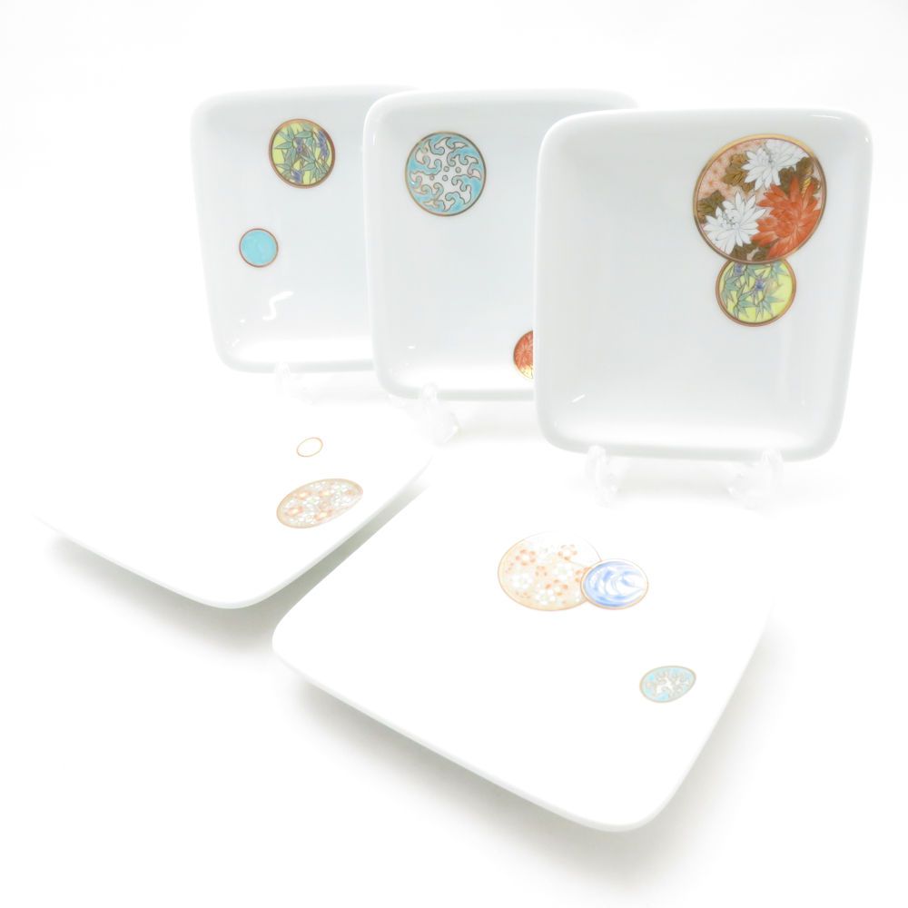 Fukagawa Seiji 深川製磁 寿赤絵 角銘々皿 5枚 セット 12cmプレート