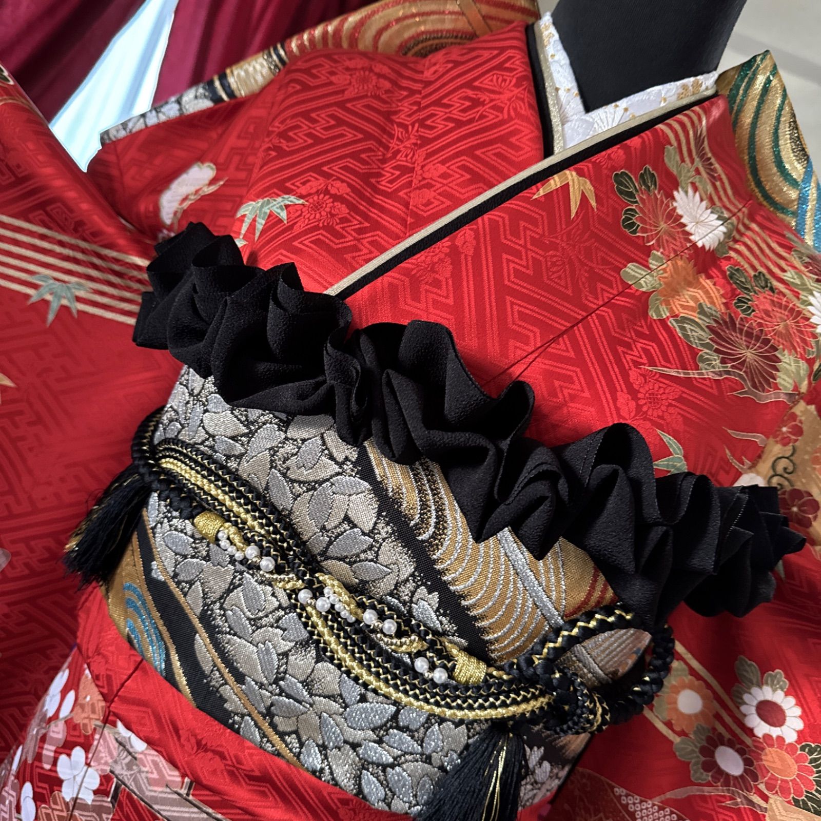 豪華振袖セット(4点)・袋帯・半衿・重ね衿・古典柄・御所車・菊・渡橋