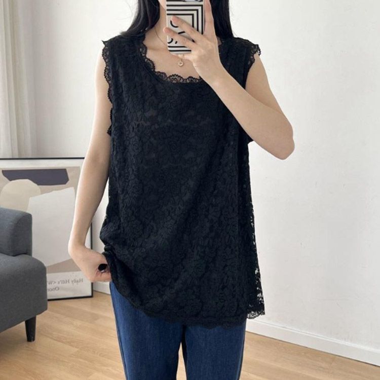 総レース タンクトップ レディース ノースリーブ トップス 裾レース