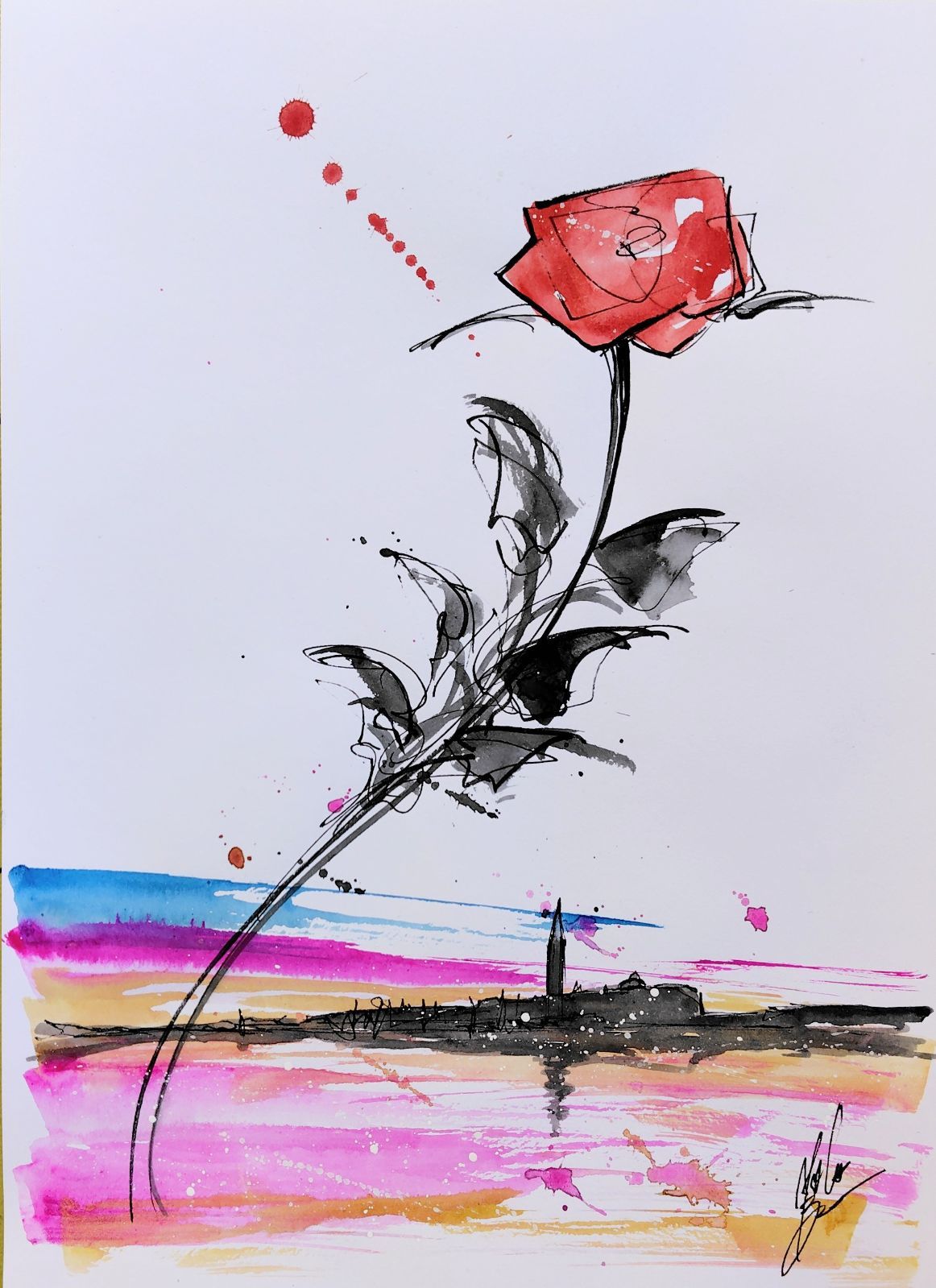 原画#303 薔薇 花 夕暮れ ベネチア 水彩画 ドローイング インテリア