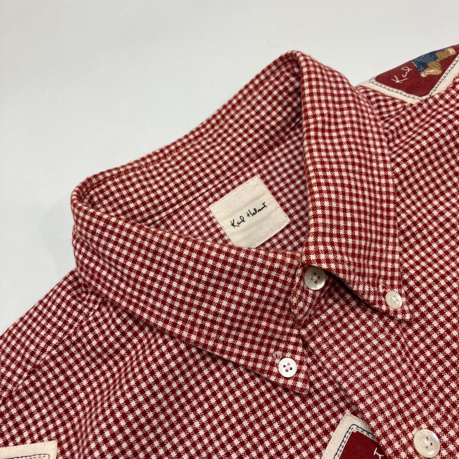 カールヘルム　希少　レッド　ギンガムチェック　トランプワッペン　半袖シャツＫ1 カールヘルム 赤ギンガムチェック くまワッペン使い 厚手生地 シャツ