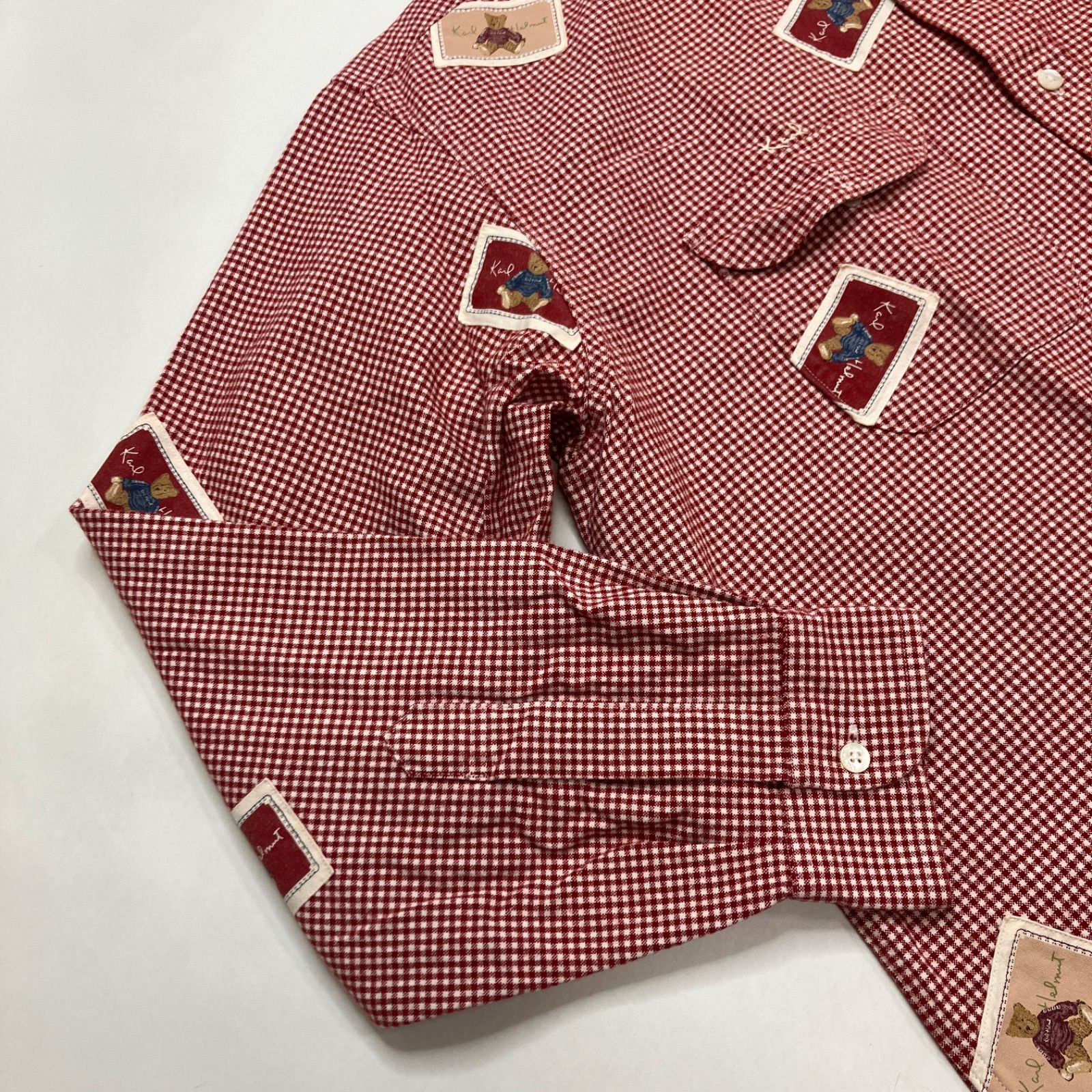 カールヘルム　希少　レッド　ギンガムチェック　トランプワッペン　半袖シャツＫ1 カールヘルム 赤ギンガムチェック くまワッペン使い 厚手生地 シャツ