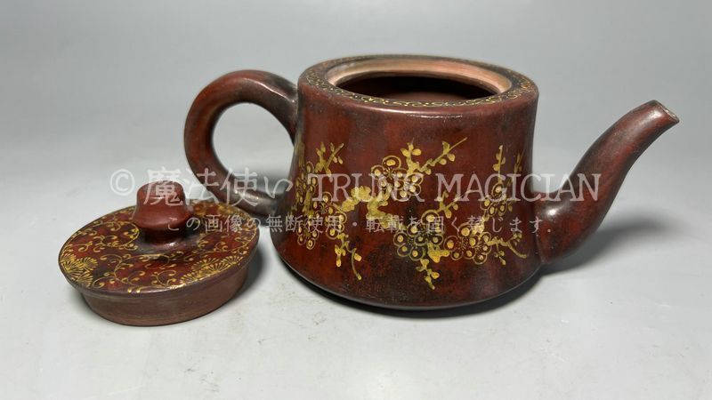 旧家蔵出し 宜興紫砂細密彫 描金 梅花紋 紫砂壷 茶壷 酒壷 茶道具 供養