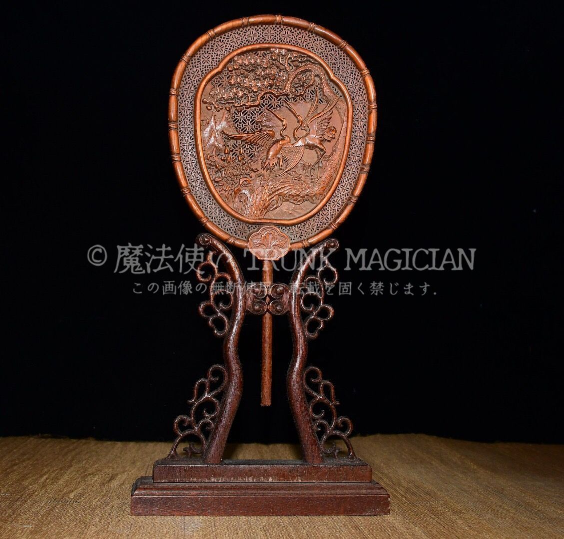 旧家蔵出し 黄楊木製 細密彫 松鶴延年紋屏風 置物 文房賞物 供養品 古