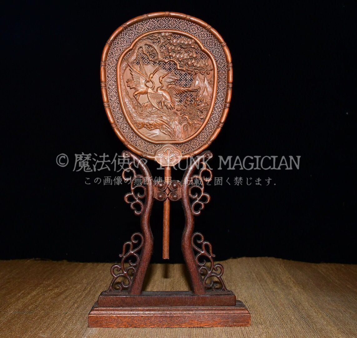 旧家蔵出し 黄楊木製 細密彫 松鶴延年紋屏風 置物 文房賞物 供養品 古